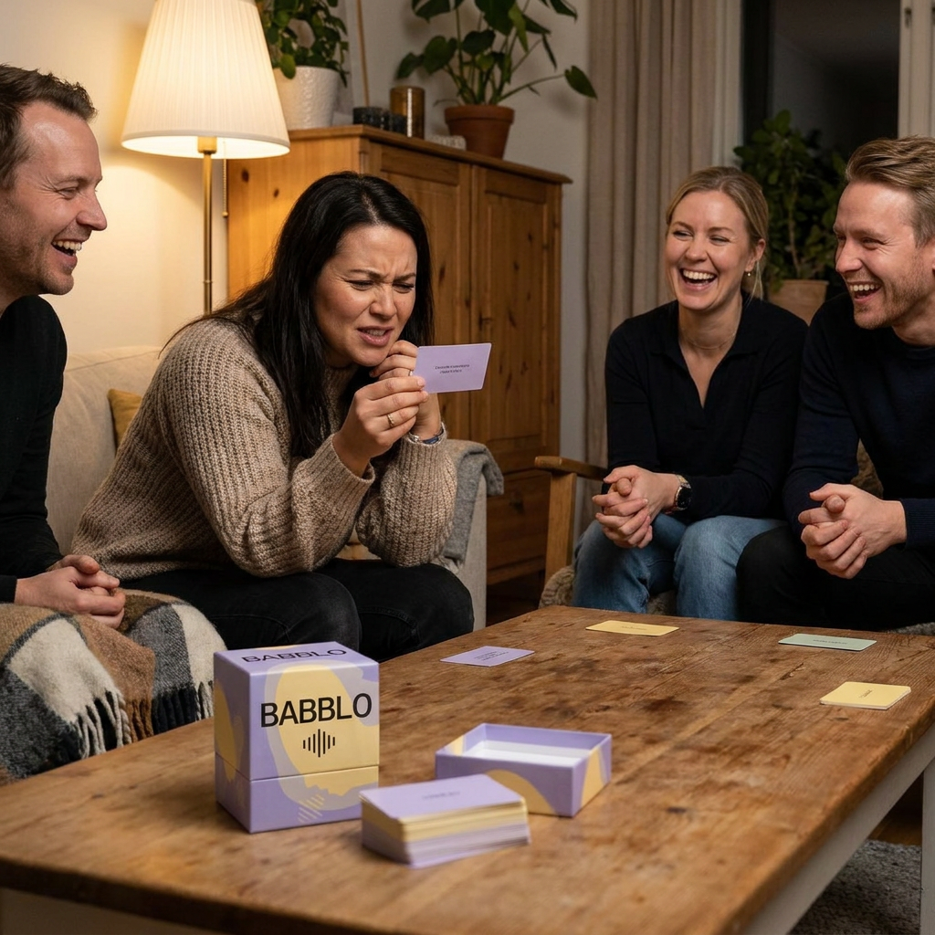 Vänner spelar Babblo, en läser kortet högt och de andra skrattar